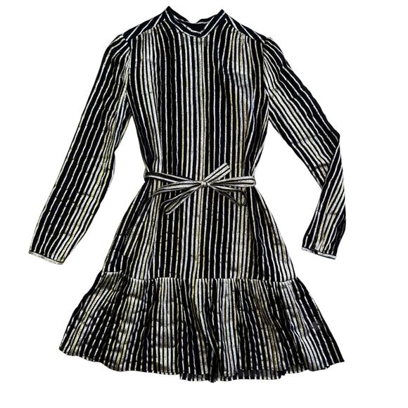 Saloni Silk Metallic Stripe Jacquard Midi Dress Size 2 - Picture 2 of 12